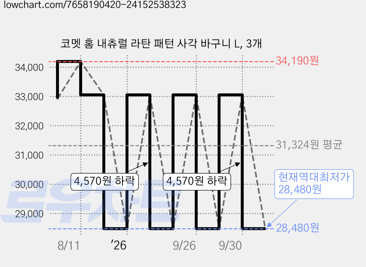 코멧 홈 내츄럴 라탄 패턴 사각 바구니 L, 3개 가격 변동 차트, 현재가 28,480원, 역대최저가