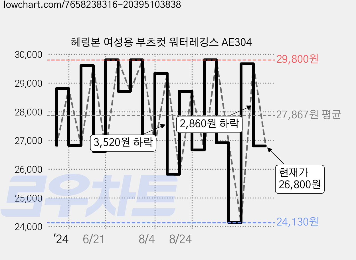 헤링본 여성용 부츠컷 워터레깅스 AE304 가격 변동 차트, 현재가 26,800원, 관측 최저가 24,130원