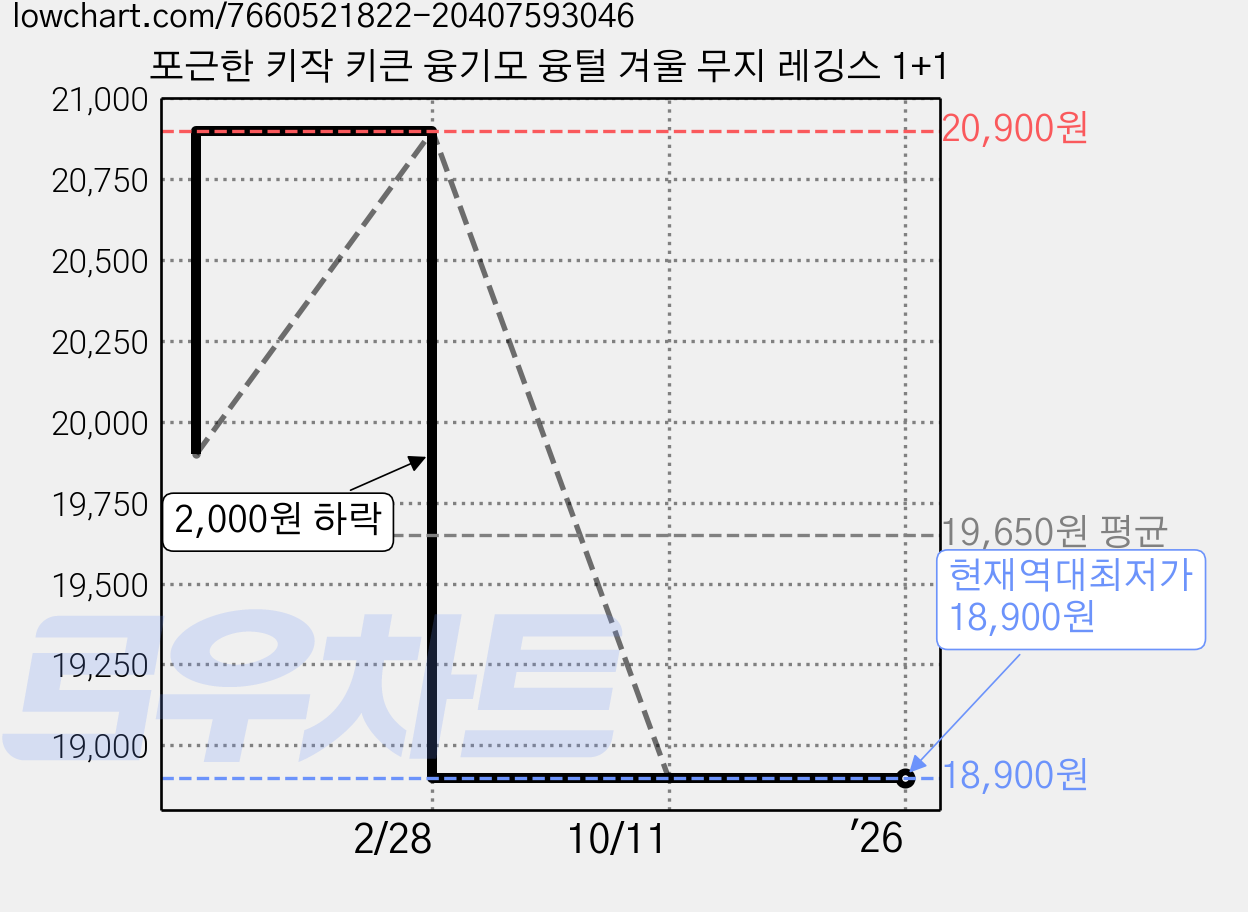 포근한 키작 키큰 융기모 융털 겨울 무지 레깅스 1+1 가격 변동 차트, 현재가 18,900원, 역대최저가