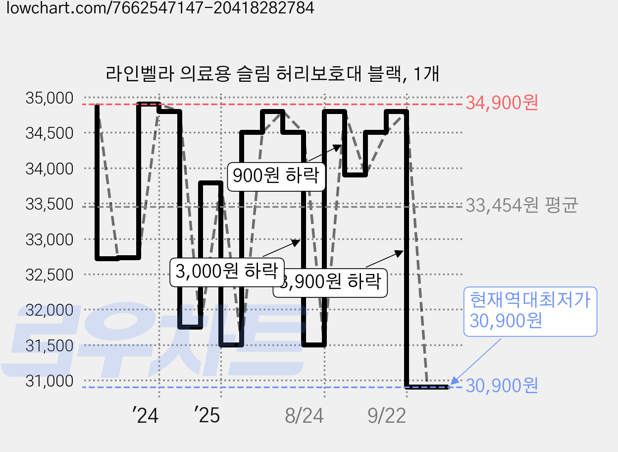 라인벨라 의료용 슬림 허리보호대 블랙, 1개 가격 변동 차트, 현재가 30,900원, 역대최저가