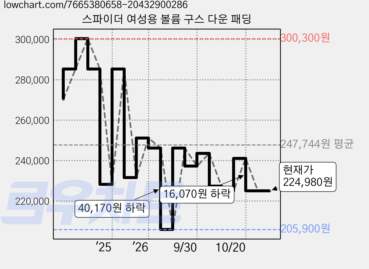 스파이더 여성용 볼륨 구스 다운 패딩 가격 변동 차트, 현재가 224,980원, 관측 최저가 205,900원