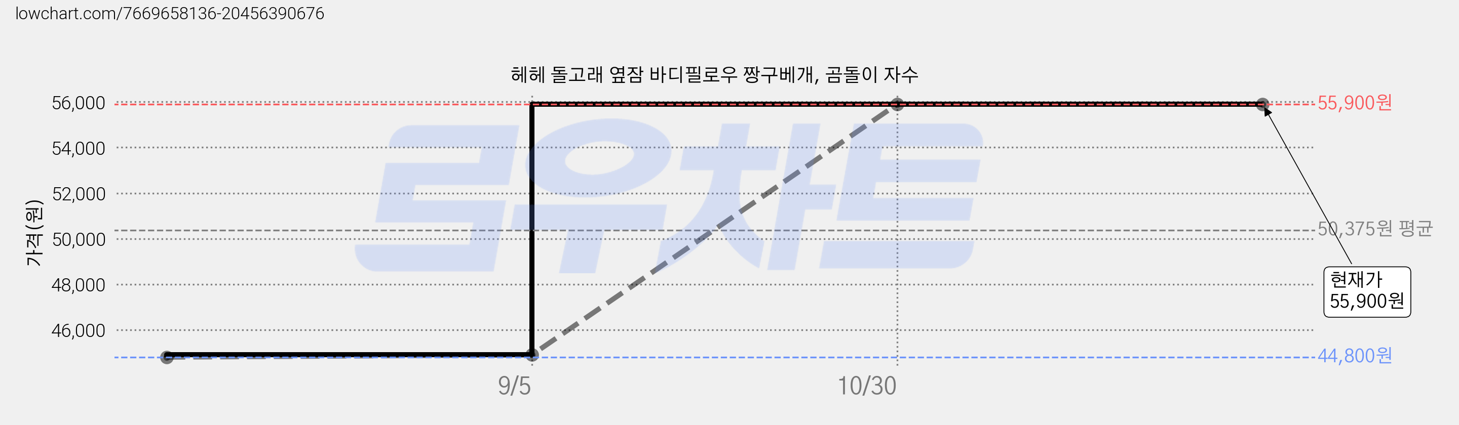 헤헤 돌고래 옆잠 바디필로우 짱구베개, 곰돌이 자수 가격 변동 차트, 현재가 55,900원, 역대최저가