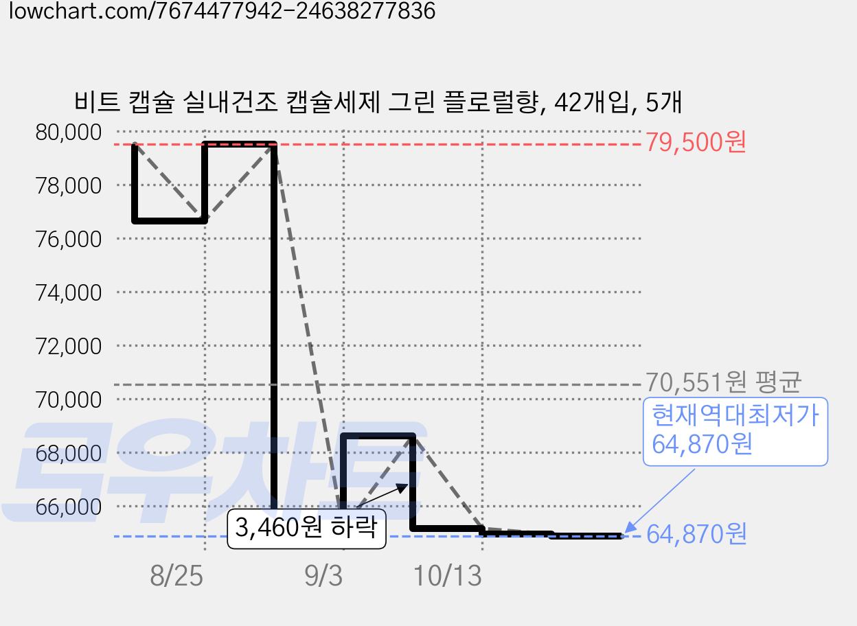 비트 캡슐 실내건조 캡슐세제 그린 플로럴향, 42개입, 5개 가격 변동 차트, 현재가 64,870원, 역대최저가