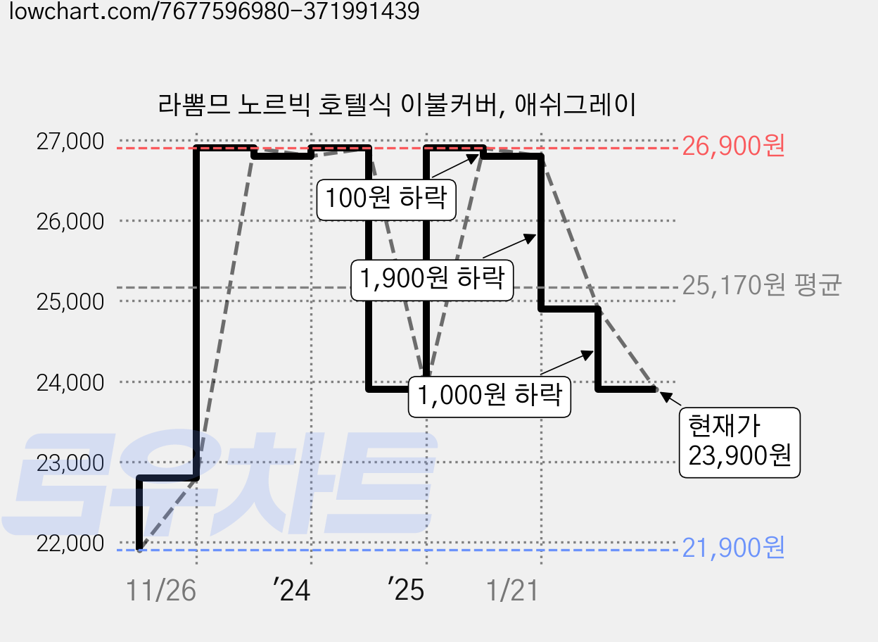 라뽐므 노르빅 호텔식 이불커버, 애쉬그레이 가격 변동 차트, 현재가 23,900원, 관측 최저가 21,900원