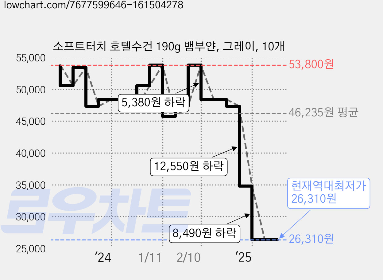 소프트터치 호텔수건 190g 뱀부얀, 그레이, 10개 가격 변동 차트, 현재가 26,310원, 역대최저가
