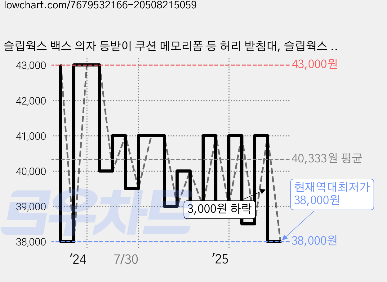 슬립웍스 백스 의자 등받이 쿠션 메모리폼 등 허리 받침대, 슬립웍스 등받이쿠션 백스 그레이 가격 변동 차트, 현재가 38,000원, 역대최저가