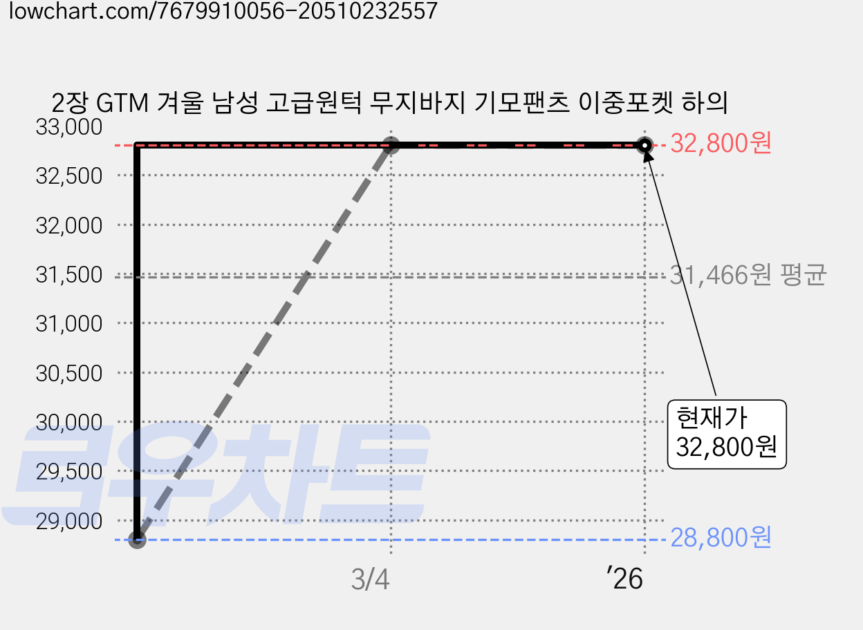 2장 GTM 겨울 남성 고급원턱 무지바지 기모팬츠 이중포켓 하의 가격 변동 차트, 현재가 32,800원, 관측 최저가 28,800원