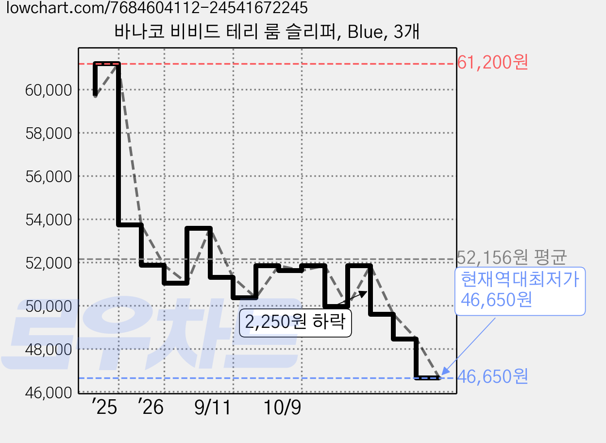 바나코 비비드 테리 룸 슬리퍼, Blue, 3개 가격 변동 차트, 현재가 46,650원, 역대최저가