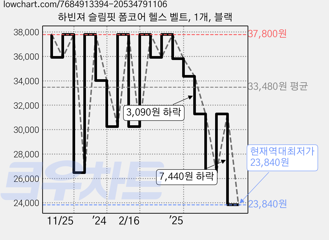 하빈져 슬림핏 폼코어 헬스 벨트, 1개, 블랙 가격 변동 차트, 현재가 23,840원, 역대최저가