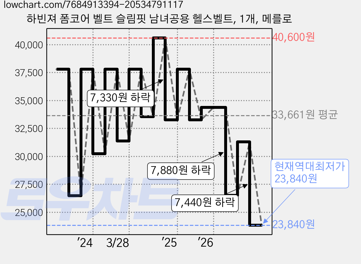 하빈져 폼코어 벨트 슬림핏 남녀공용 헬스벨트, 1개, 메를로 가격 변동 차트, 현재가 23,840원, 역대최저가