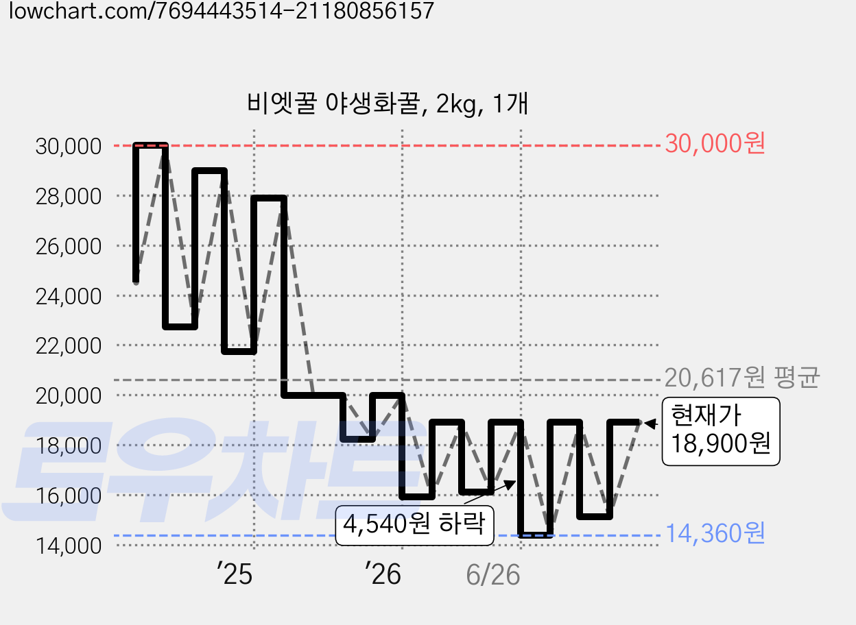 비엣꿀 야생화꿀, 2kg, 1개 가격 변동 차트, 현재가 18,900원, 관측 최저가 14,360원