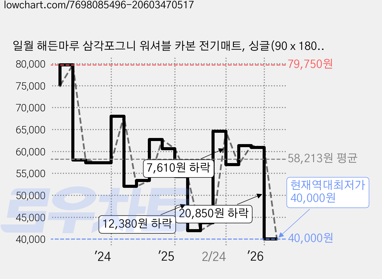 일월 해든마루 삼각포그니 워셔블 카본 전기매트, 싱글(90 x 180 cm) 가격 변동 차트, 현재가 40,000원, 역대최저가
