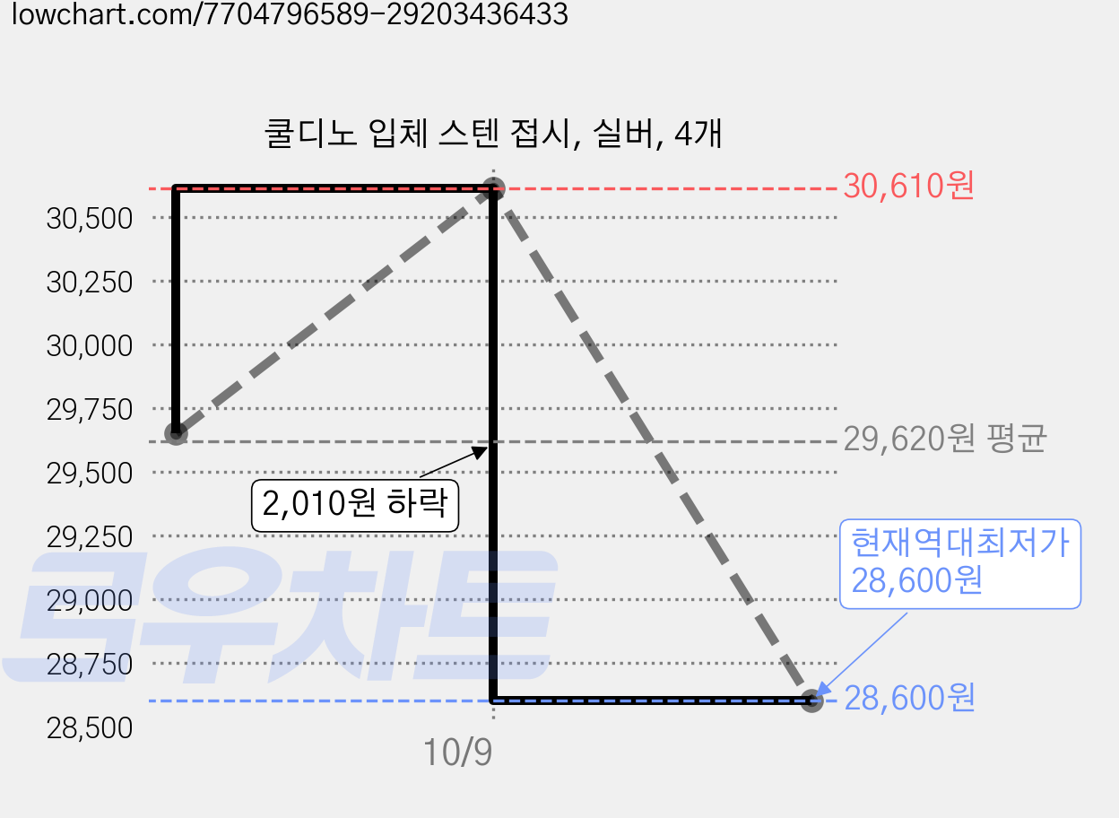 쿨디노 입체 스텐 접시, 실버, 4개 가격 변동 차트, 현재가 28,600원, 역대최저가