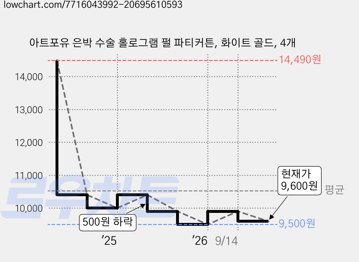 아트포유 은박 수술 홀로그램 펄 파티커튼, 화이트 골드, 4개 가격 변동 차트, 현재가 9,600원, 관측 최저가 9,500원