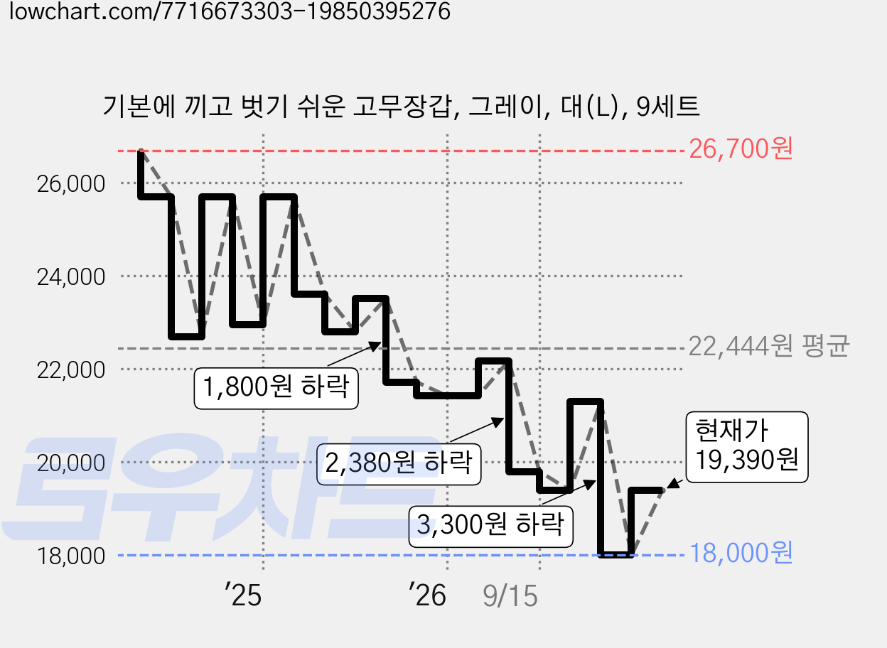 기본에 끼고 벗기 쉬운 고무장갑, 그레이, 대(L), 9세트 가격 변동 차트, 현재가 19,390원, 관측 최저가 18,000원