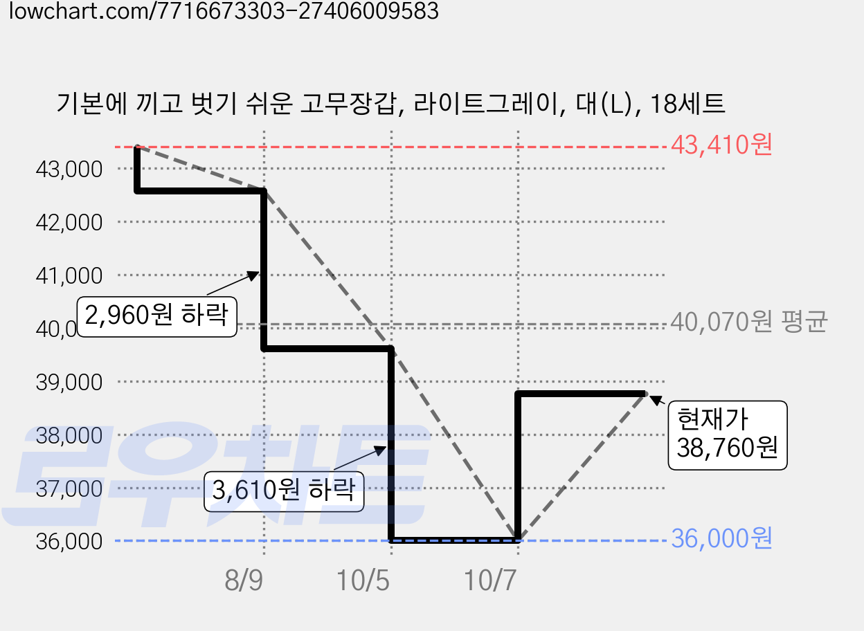 기본에 끼고 벗기 쉬운 고무장갑, 라이트그레이, 대(L), 18세트 가격 변동 차트, 현재가 38,760원, 관측 최저가 36,000원