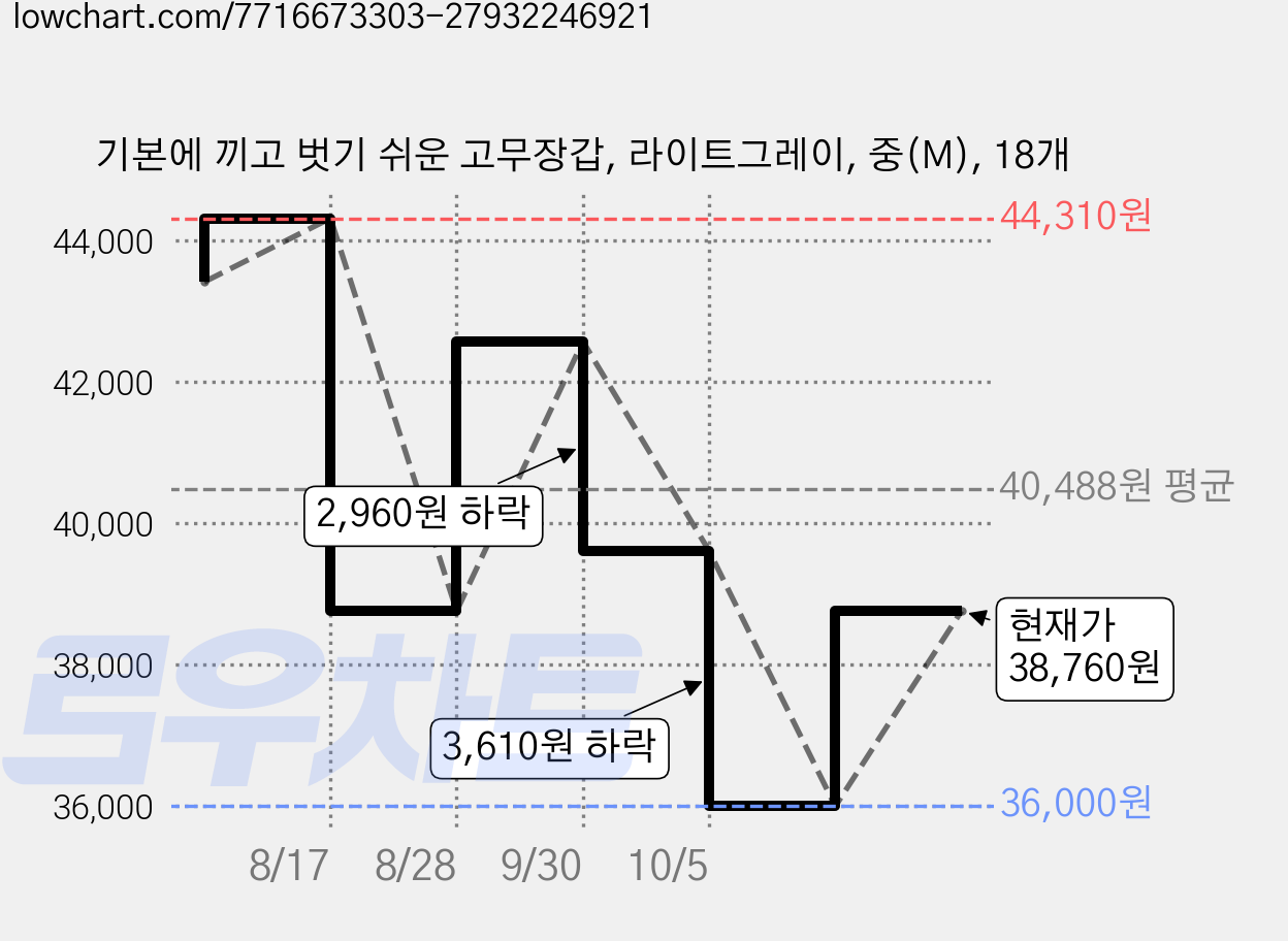 기본에 끼고 벗기 쉬운 고무장갑, 라이트그레이, 중(M), 18개 가격 변동 차트, 현재가 38,760원, 관측 최저가 36,000원