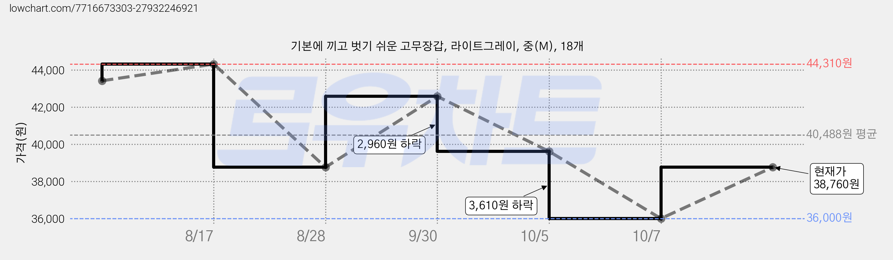기본에 끼고 벗기 쉬운 고무장갑, 라이트그레이, 중(M), 18개 가격 변동 차트, 현재가 38,760원, 관측 최저가 36,000원