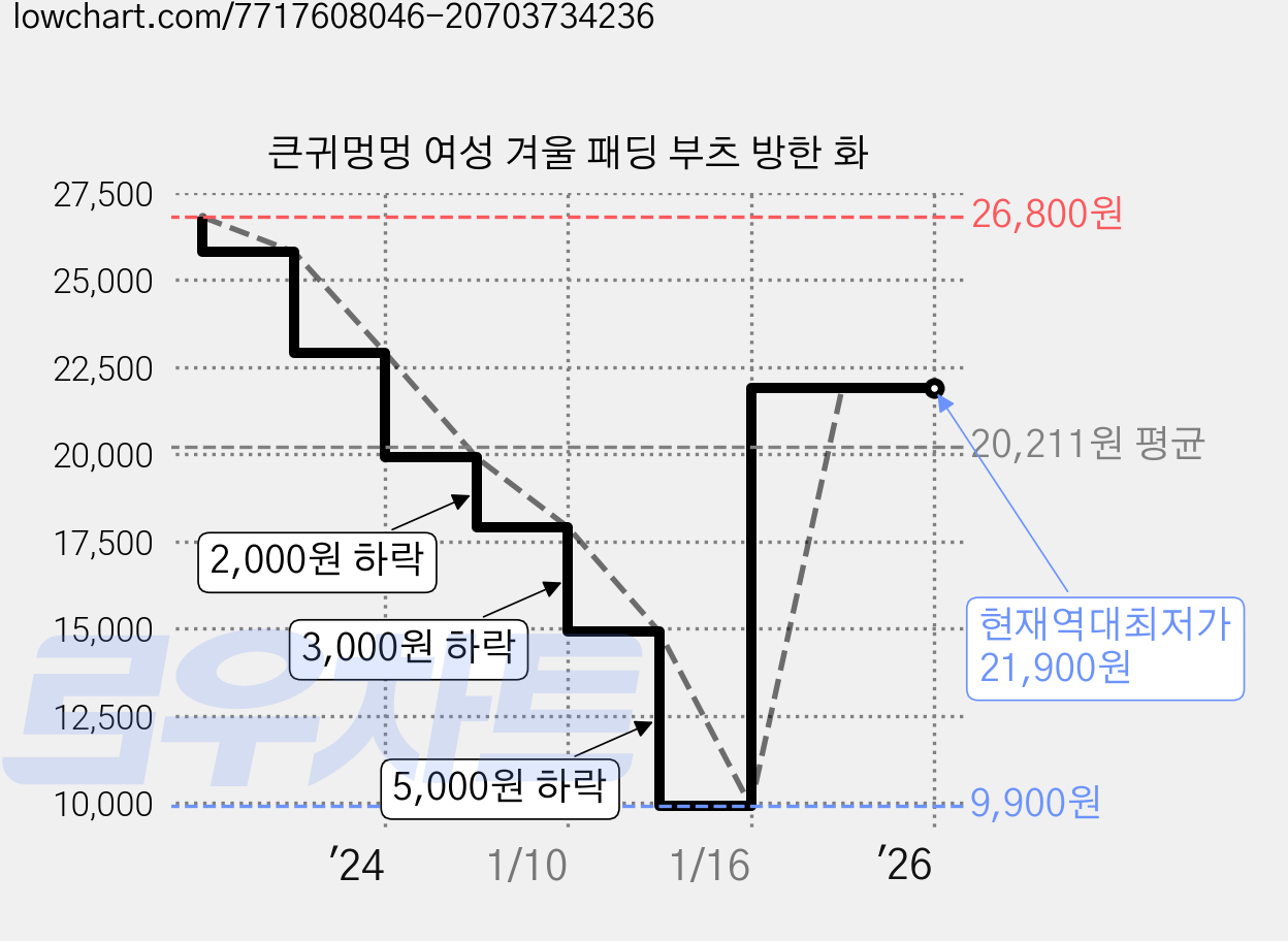 큰귀멍멍 여성 겨울 패딩 부츠 방한 화 가격 변동 차트, 현재가 21,900원, 역대최저가