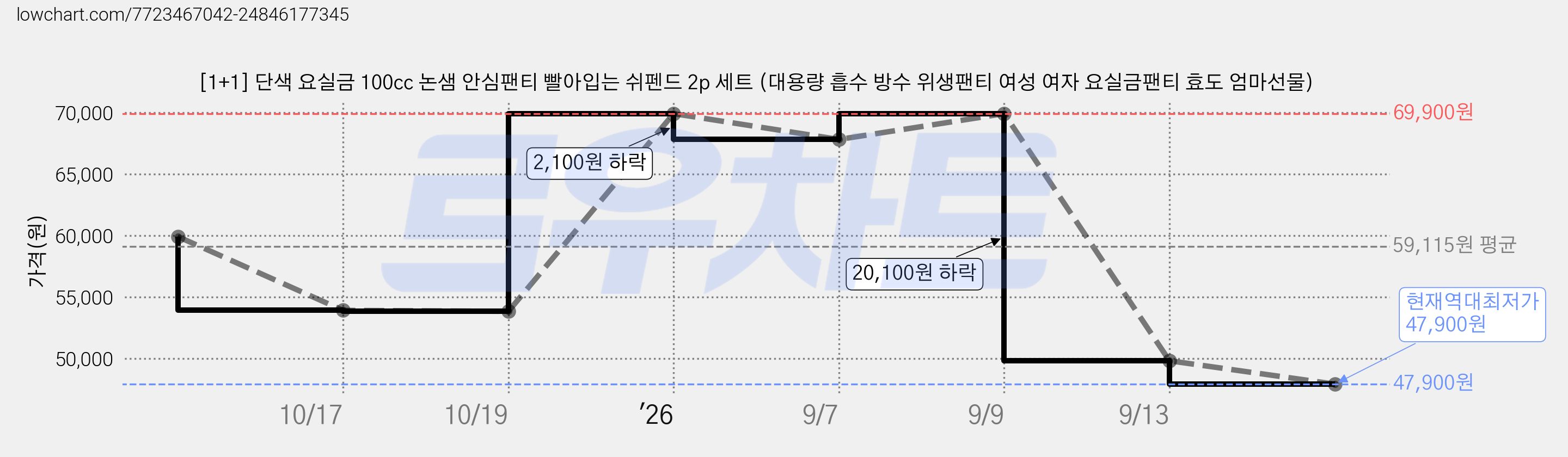 [1+1] 단색 요실금 100cc 논샘 안심팬티 빨아입는 쉬펜드 2p 세트 (대용량 흡수 방수 위생팬티 여성 여자 요실금팬티 효도 엄마선물) 가격 변동 차트, 현재가 47,900원, 역대최저가