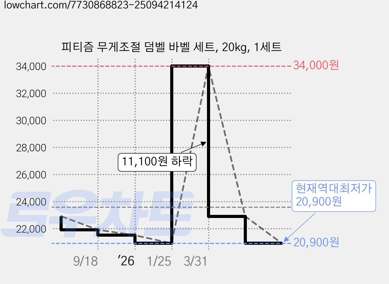 피티즘 무게조절 덤벨 바벨 세트, 20kg, 1세트 가격 변동 차트, 현재가 20,900원, 역대최저가
