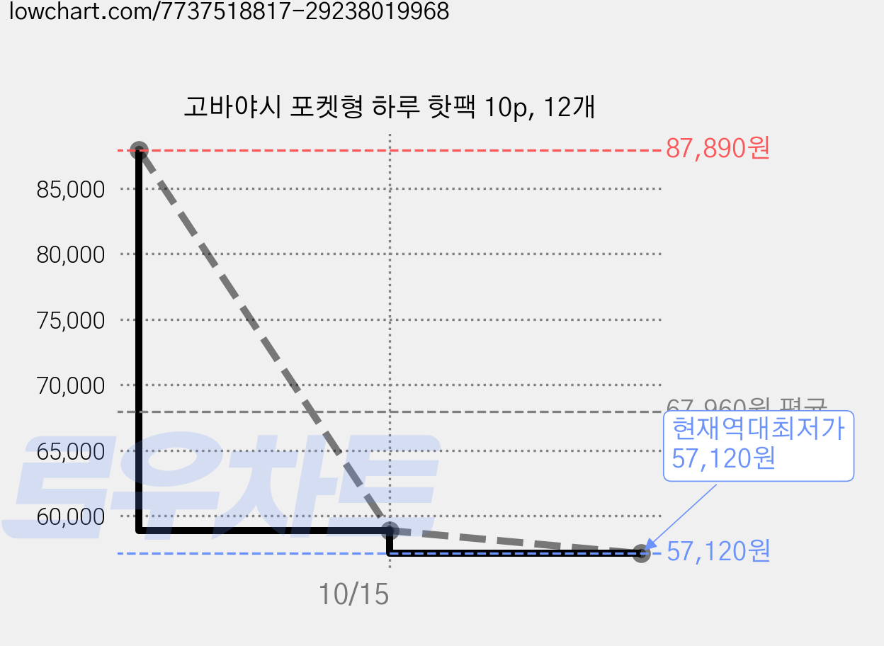 고바야시 포켓형 하루 핫팩 10p, 12개 가격 변동 차트, 현재가 57,120원, 역대최저가