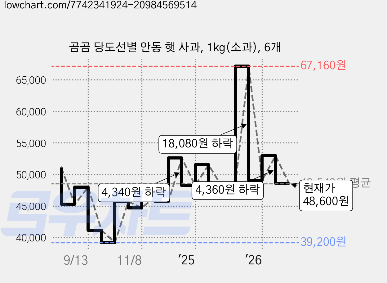 곰곰 당도선별 안동 햇 사과, 1kg(소과), 6개 가격 변동 차트, 현재가 48,600원, 관측 최저가 39,200원