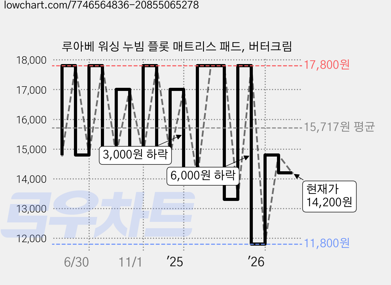 루아베 워싱 누빔 플롯 매트리스 패드, 버터크림 가격 변동 차트, 현재가 14,200원, 관측 최저가 11,800원