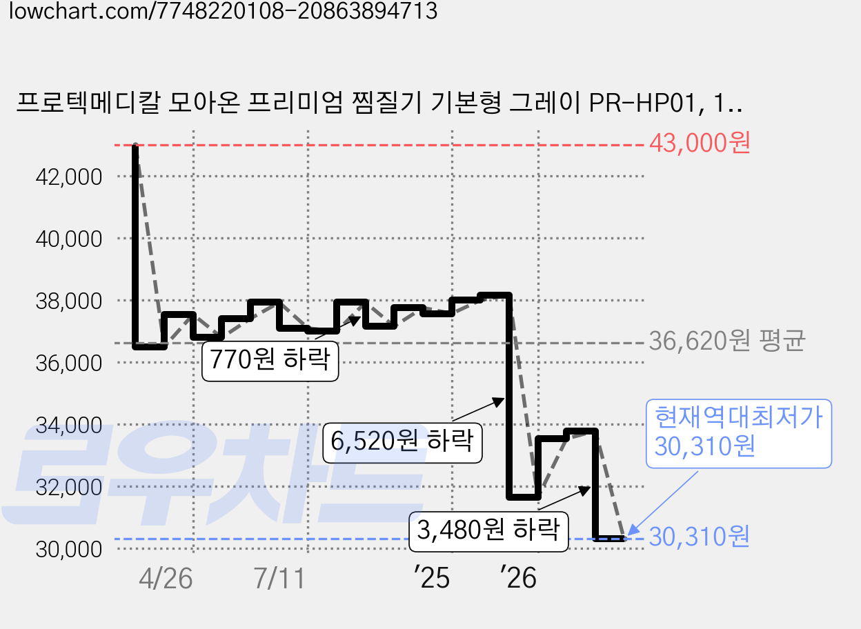 프로텍메디칼 모아온 프리미엄 찜질기 기본형 그레이 PR-HP01, 1개 가격 변동 차트, 현재가 30,310원, 역대최저가