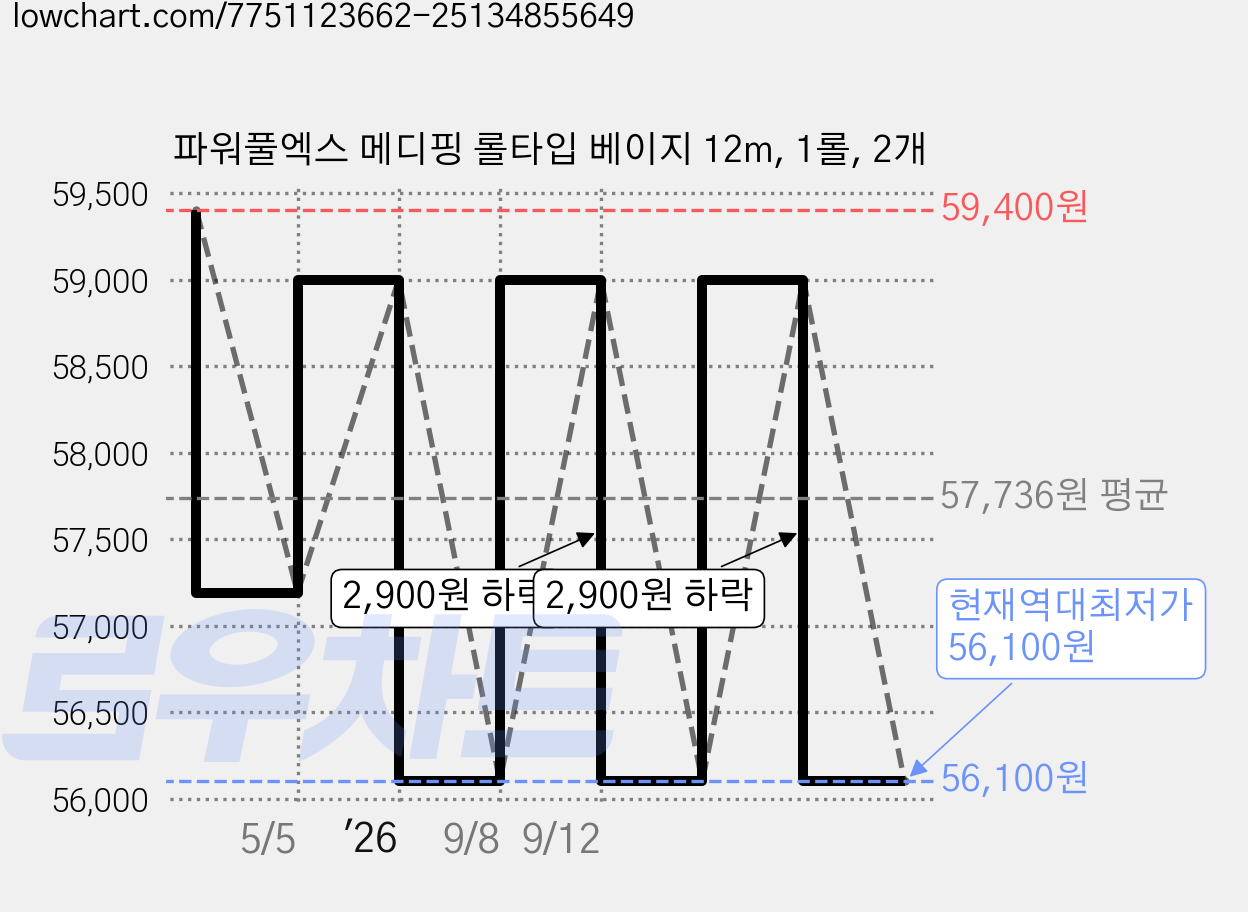 파워풀엑스 메디핑 롤타입 베이지 12m, 1롤, 2개 가격 변동 차트, 현재가 56,100원, 역대최저가
