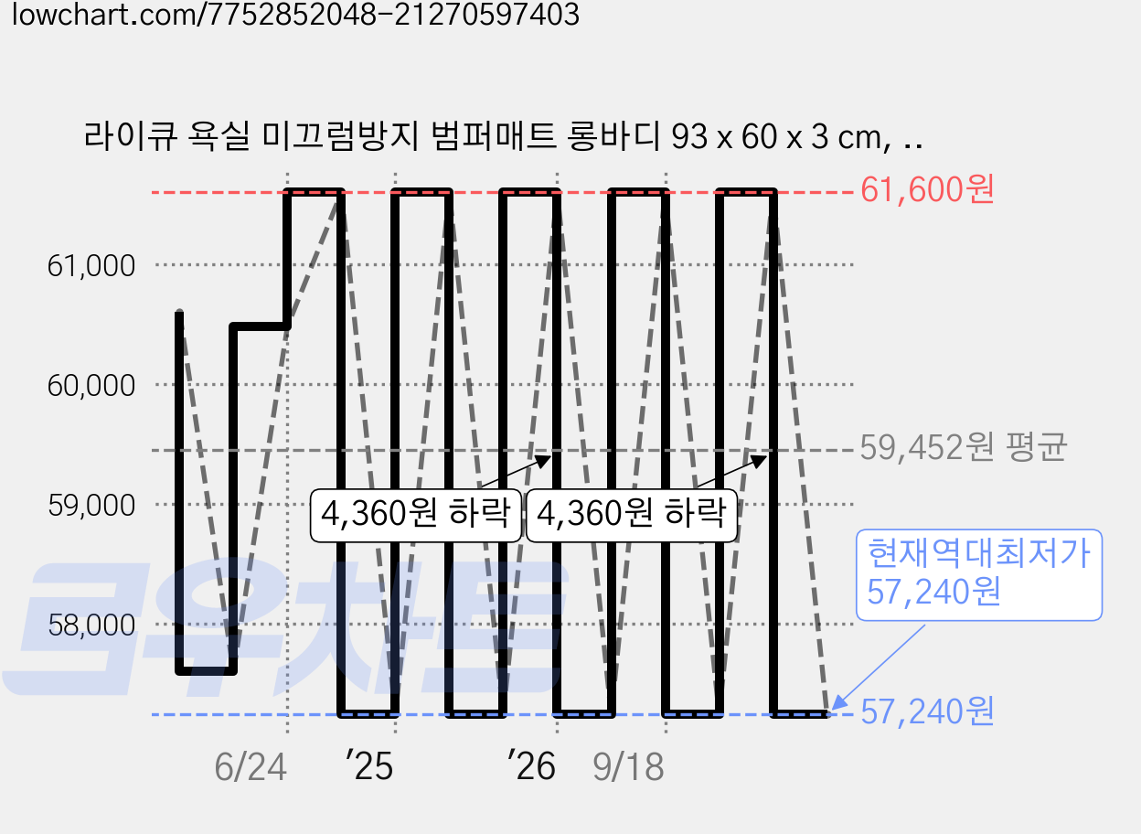 라이큐 욕실 미끄럼방지 범퍼매트 롱바디 93 x 60 x 3 cm, 그레이, 2개 가격 변동 차트, 현재가 57,240원, 역대최저가