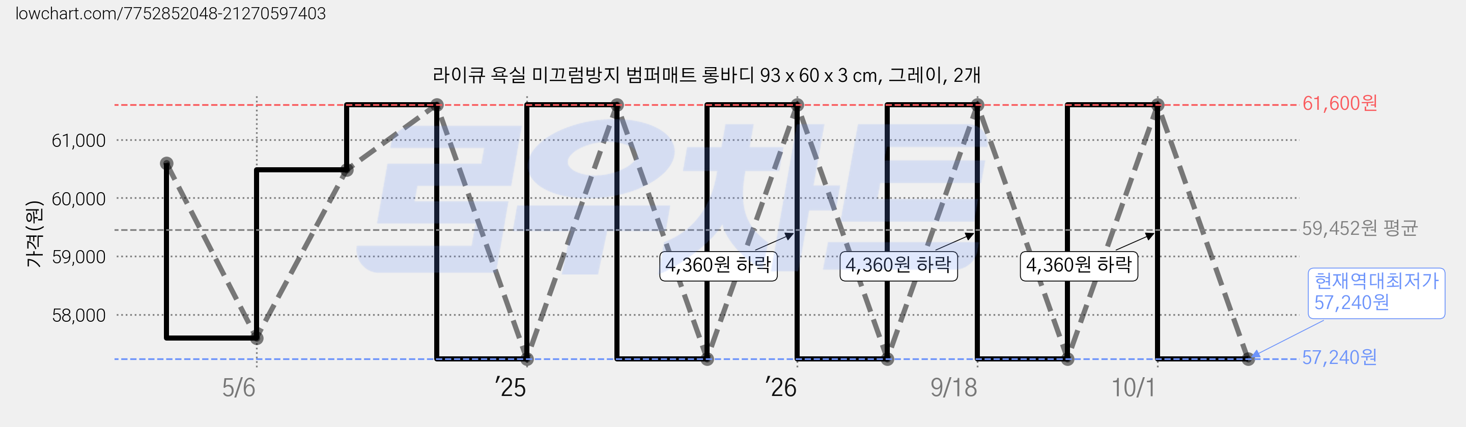 라이큐 욕실 미끄럼방지 범퍼매트 롱바디 93 x 60 x 3 cm, 그레이, 2개 가격 변동 차트, 현재가 57,240원, 역대최저가