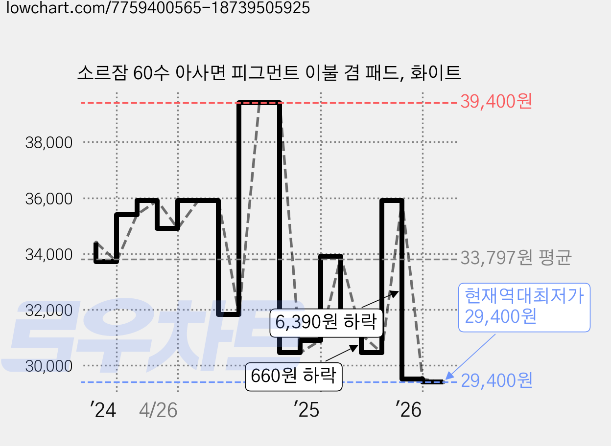 소르잠 60수 아사면 피그먼트 이불 겸 패드, 화이트 가격 변동 차트, 현재가 29,400원, 역대최저가