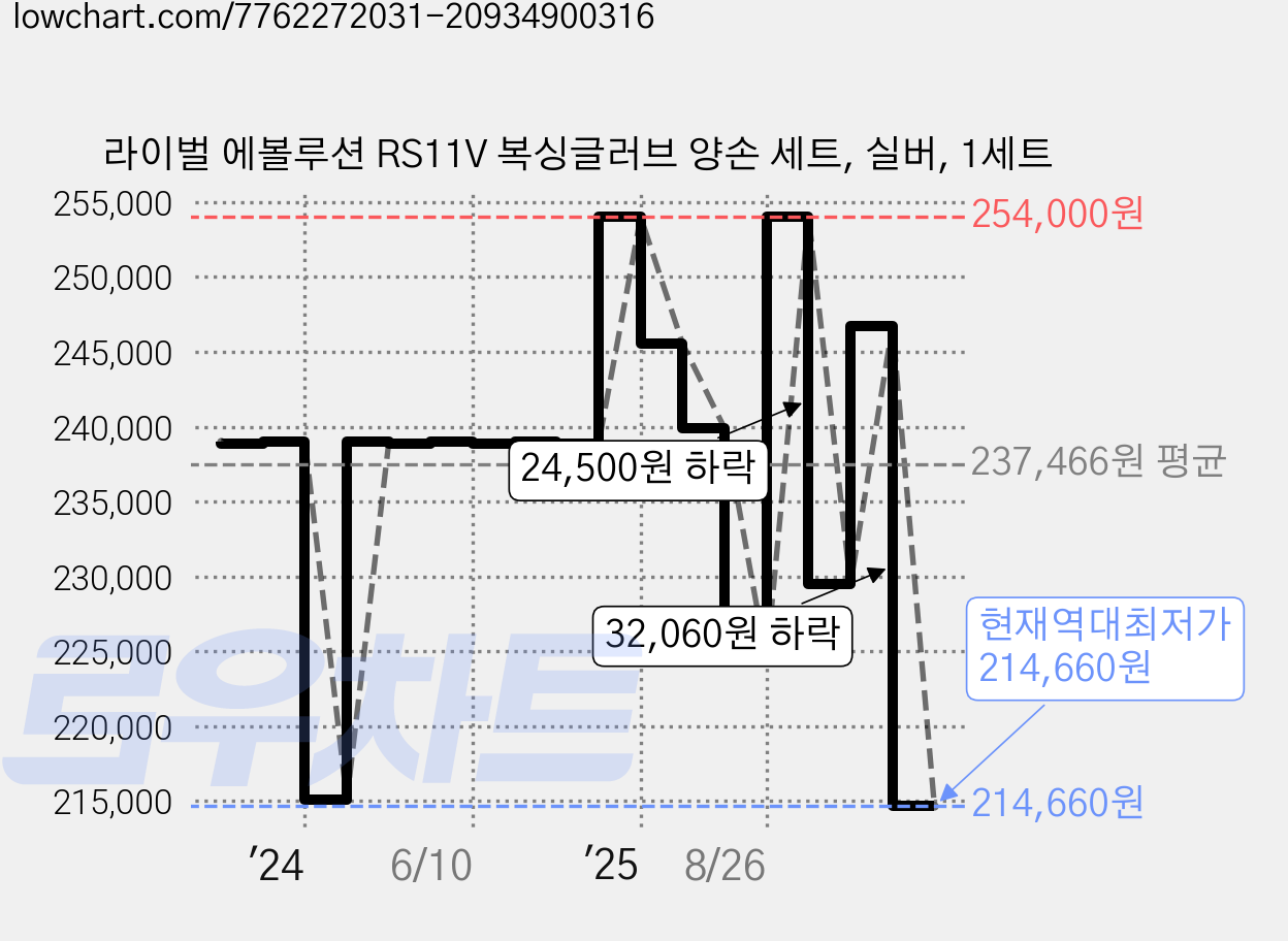 라이벌 에볼루션 RS11V 복싱글러브 양손 세트, 실버, 1세트 가격 변동 차트, 현재가 214,660원, 역대최저가