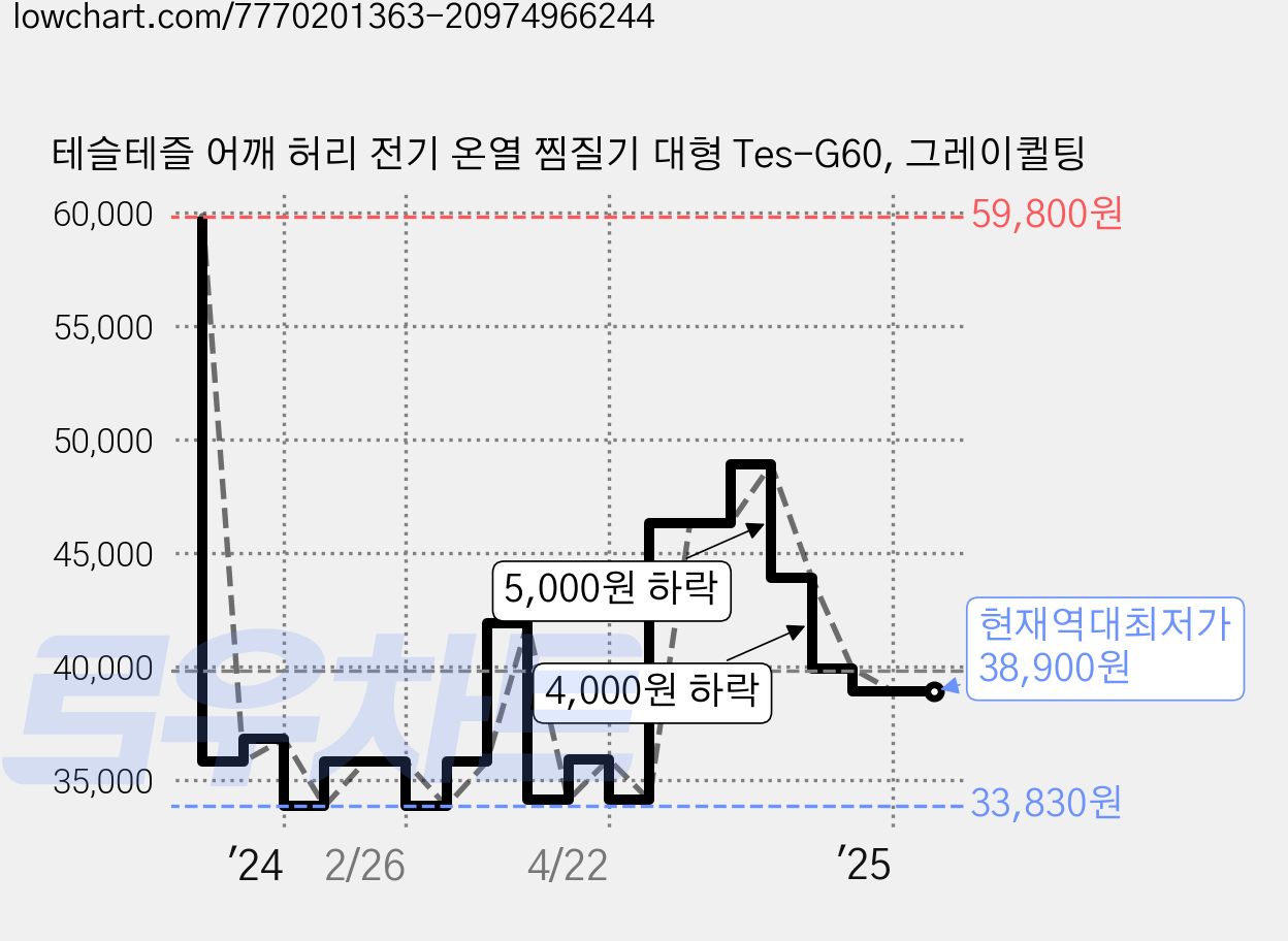 테슬테즐 어깨 허리 전기 온열 찜질기 대형 Tes-G60, 그레이퀼팅 가격 변동 차트, 현재가 38,900원, 역대최저가