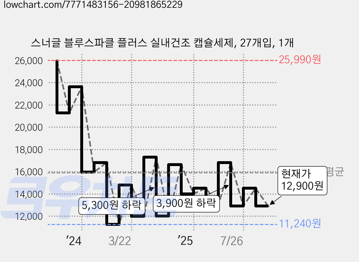 스너글 블루스파클 플러스 실내건조 캡슐세제, 27개입, 1개 가격 변동 차트, 현재가 12,900원, 관측 최저가 11,240원