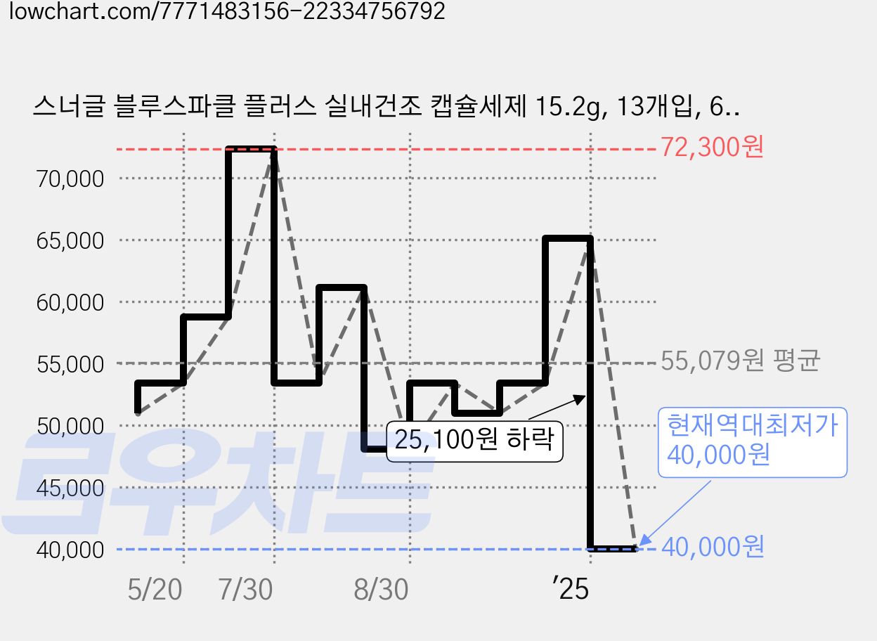 스너글 블루스파클 플러스 실내건조 캡슐세제 15.2g, 13개입, 6개 가격 변동 차트, 현재가 40,000원, 역대최저가