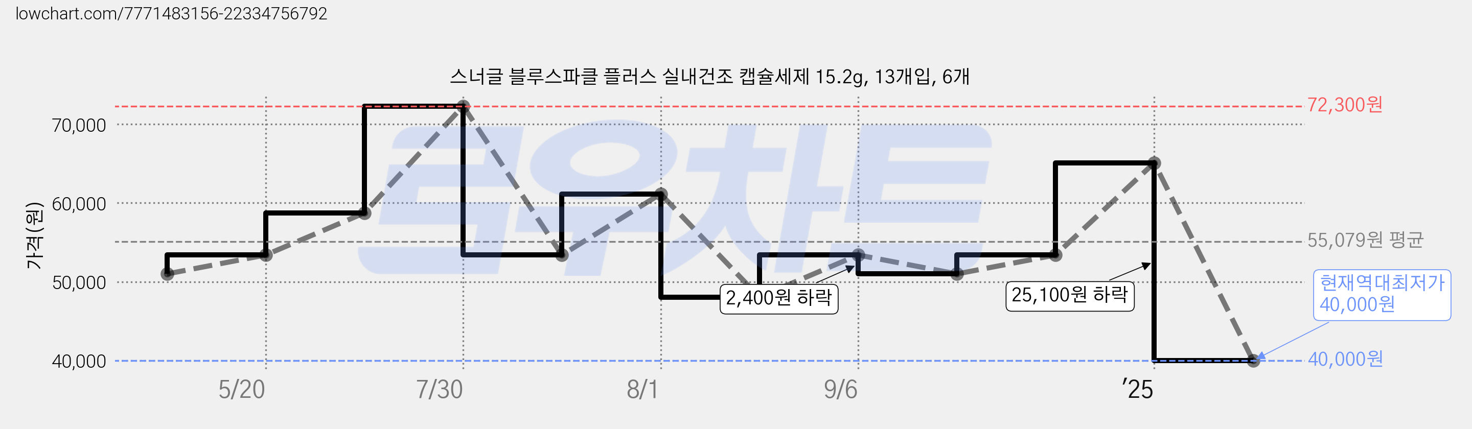 스너글 블루스파클 플러스 실내건조 캡슐세제 15.2g, 13개입, 6개 가격 변동 차트, 현재가 40,000원, 역대최저가