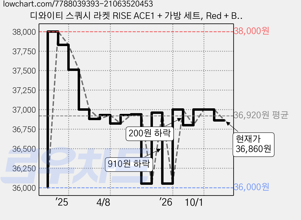 디와이티 스쿼시 라켓 RISE ACE1 + 가방 세트, Red + Black, 1세트 가격 변동 차트, 현재가 36,860원, 관측 최저가 36,000원