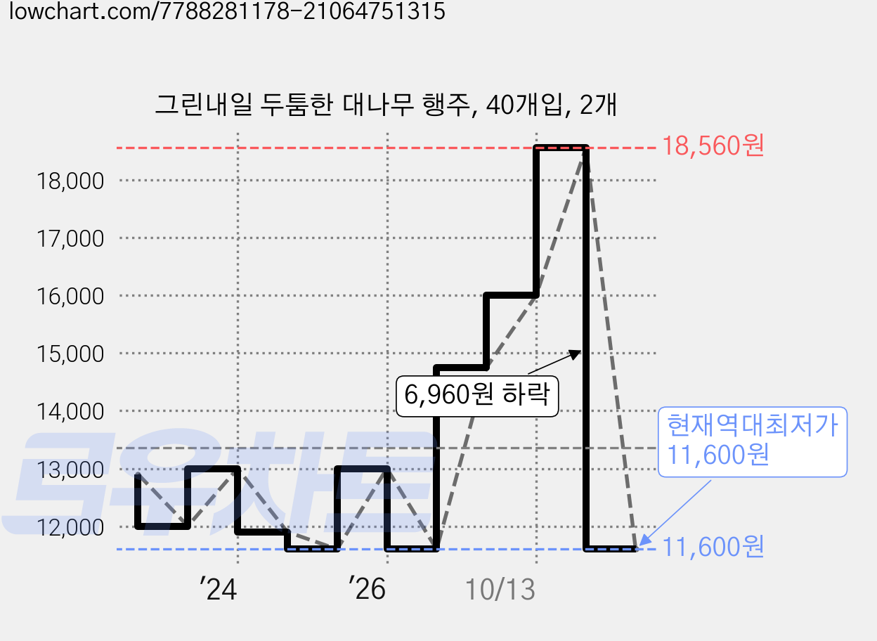 그린내일 두툼한 대나무 행주, 40개입, 2개 가격 변동 차트, 현재가 11,600원, 역대최저가