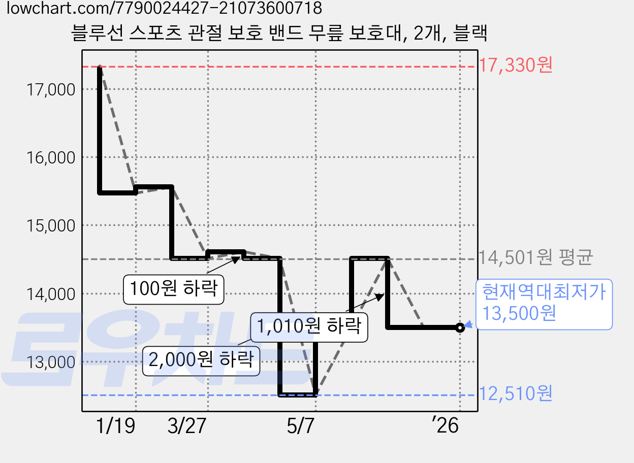 블루선 스포츠 관절 보호 밴드 무릎 보호대, 2개, 블랙 가격 변동 차트, 현재가 13,500원, 역대최저가