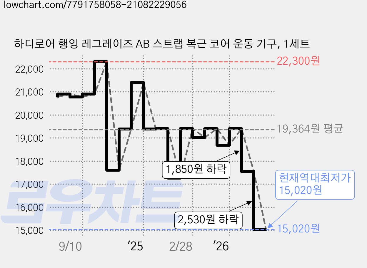 하디로어 행잉 레그레이즈 AB 스트랩 복근 코어 운동 기구, 1세트 가격 변동 차트, 현재가 15,020원, 역대최저가