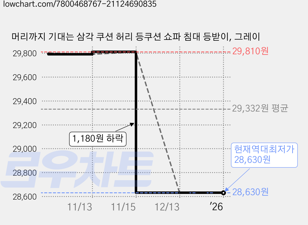 머리까지 기대는 삼각 쿠션 허리 등쿠션 쇼파 침대 등받이, 그레이 가격 변동 차트, 현재가 28,630원, 역대최저가