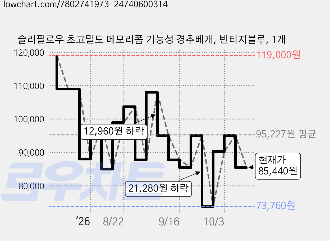 슬리필로우 초고밀도 메모리폼 기능성 경추베개, 빈티지블루, 1개 가격 변동 차트, 현재가 85,440원, 관측 최저가 73,760원