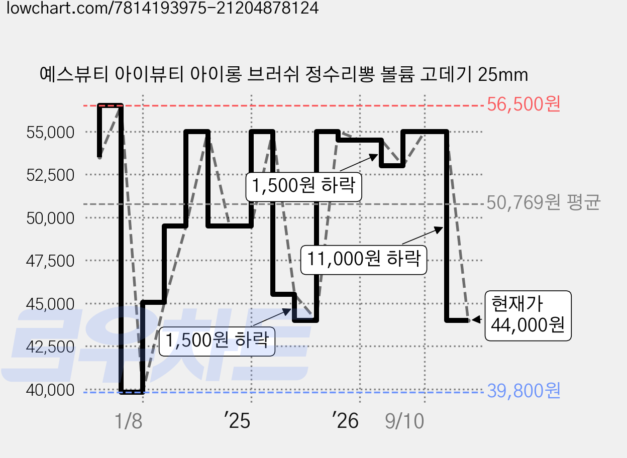예스뷰티 아이뷰티 아이롱 브러쉬 정수리뽕 볼륨 고데기 25mm 가격 변동 차트, 현재가 44,000원, 관측 최저가 39,800원