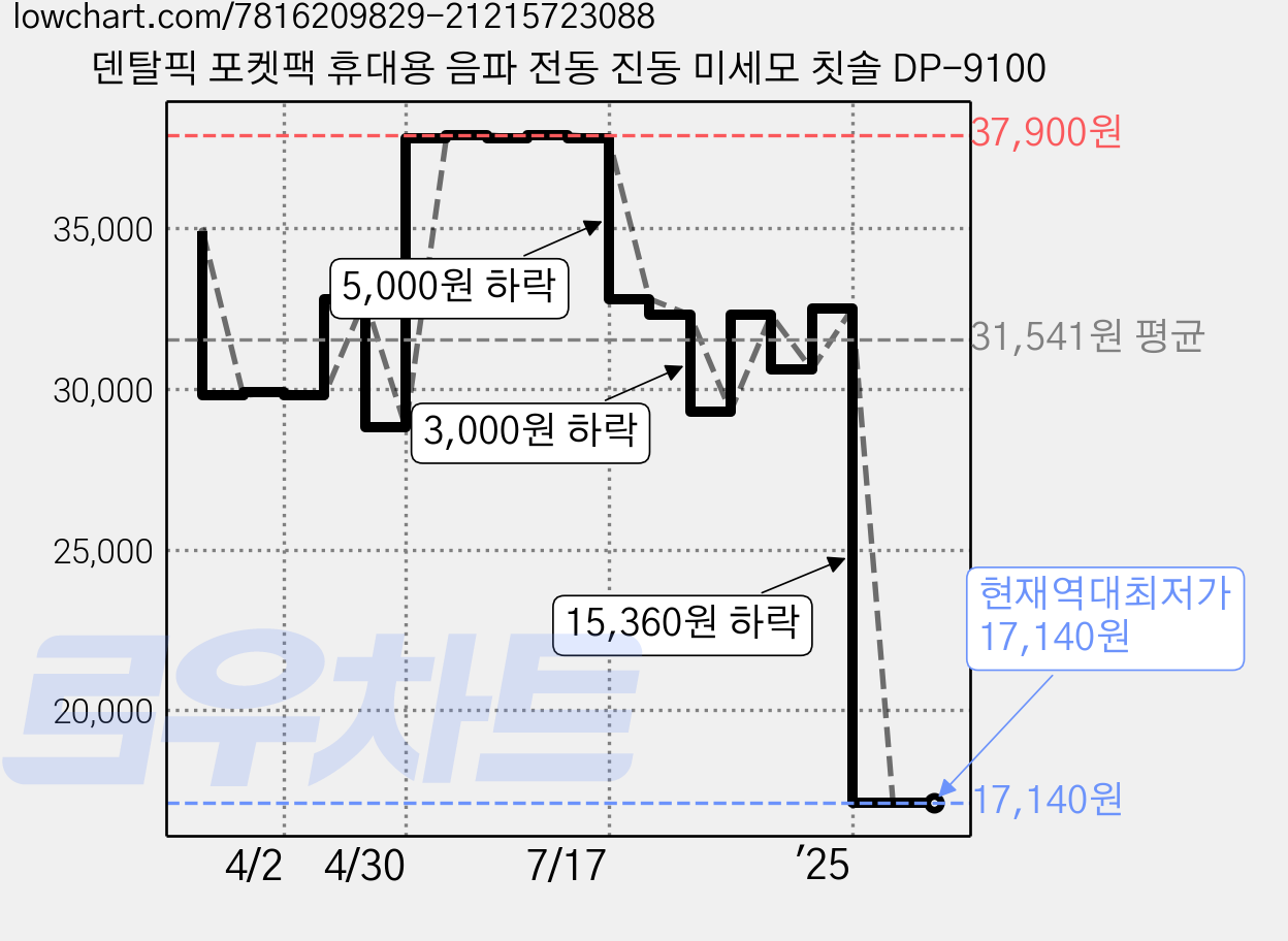 덴탈픽 포켓팩 휴대용 음파 전동 진동 미세모 칫솔 DP-9100 가격 변동 차트, 현재가 17,140원, 역대최저가