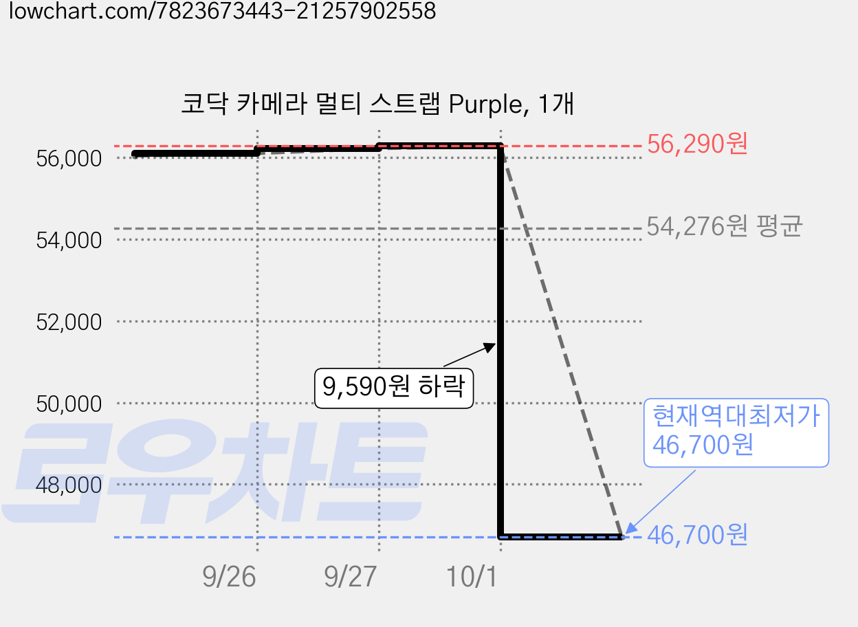 코닥 카메라 멀티 스트랩 Purple, 1개 가격 변동 차트, 현재가 46,700원, 역대최저가