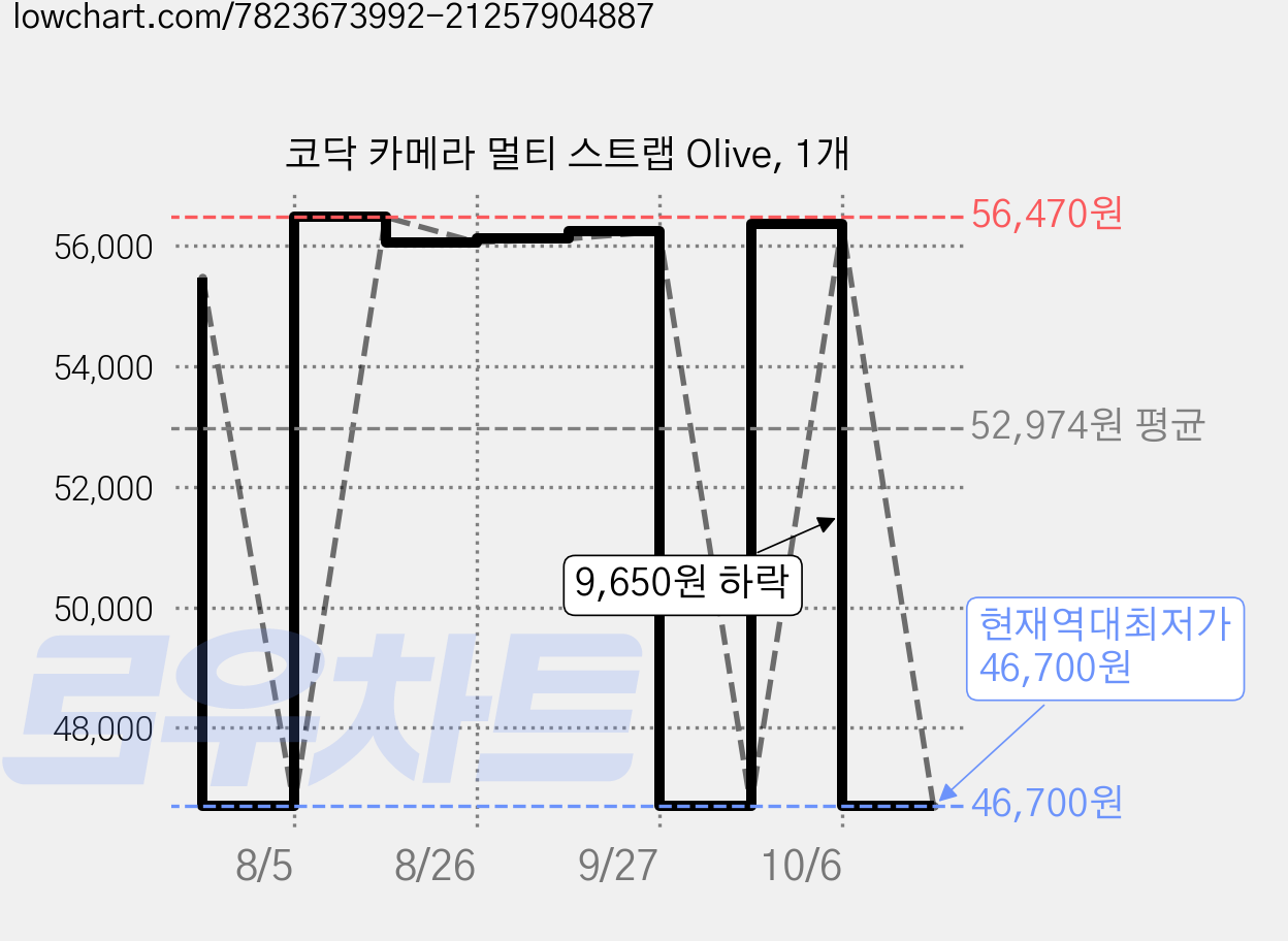 코닥 카메라 멀티 스트랩 Olive, 1개 가격 변동 차트, 현재가 46,700원, 역대최저가
