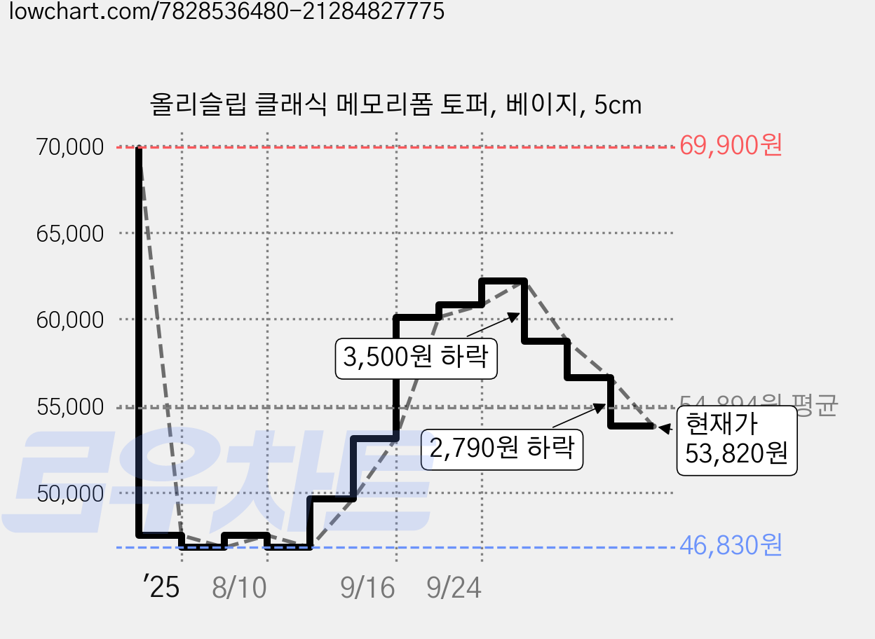 올리슬립 클래식 메모리폼 토퍼, 베이지, 5cm 가격 변동 차트, 현재가 53,820원, 관측 최저가 46,830원