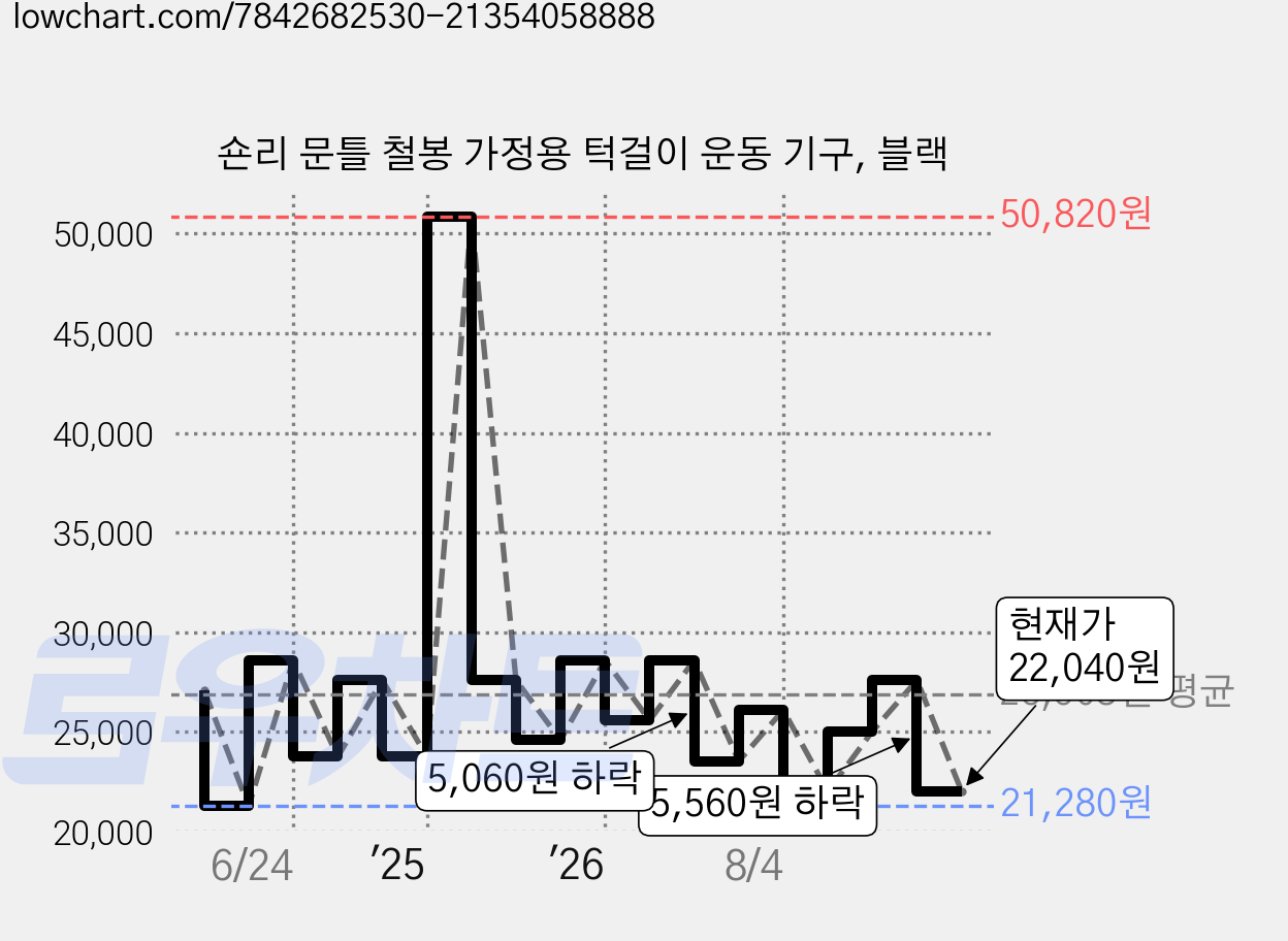 숀리 문틀 철봉 가정용 턱걸이 운동 기구, 블랙 가격 변동 차트, 현재가 22,040원, 관측 최저가 21,280원